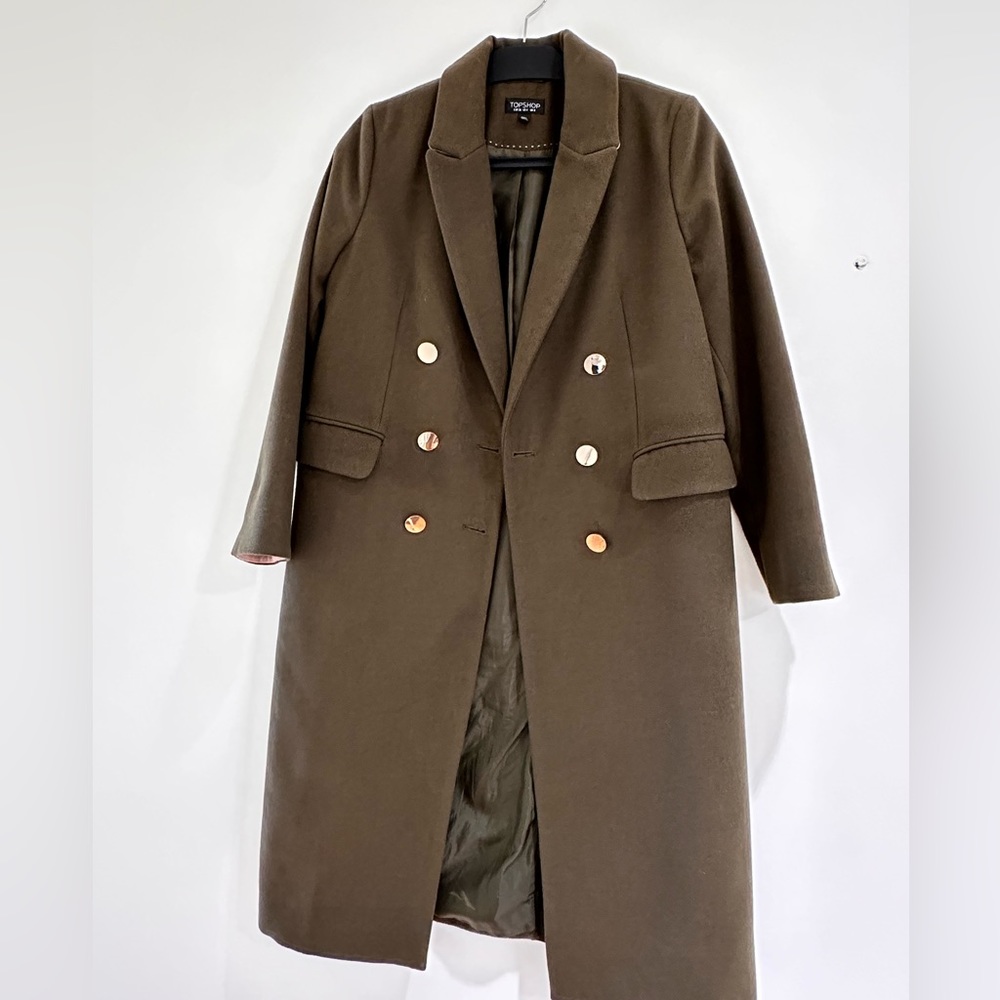 Topshop Double Breasted Olive Green Long Coat Women’s US4